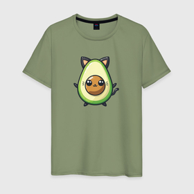 Мужская футболка хлопок с принтом Мультяшный авокадо котик , 100% хлопок | прямой крой, круглый вырез горловины, длина до линии бедер, слегка спущенное плечо. | 