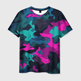 Мужская футболка 3D с принтом Кислотная   яркая  абстракция  в  камуфляжном   стиле    разноцветные   оттенки в Петрозаводске, 100% полиэфир | прямой крой, круглый вырез горловины, длина до линии бедер | 