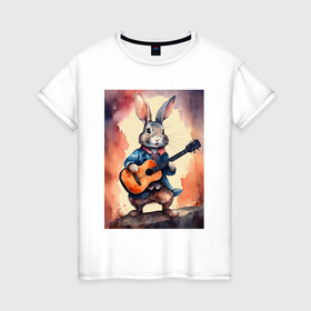 Женская футболка хлопок с принтом Милый романтичный кролик c гитарой в Екатеринбурге, 100% хлопок | прямой крой, круглый вырез горловины, длина до линии бедер, слегка спущенное плечо | 