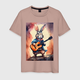 Мужская футболка хлопок с принтом Милый романтичный кролик c гитарой в Санкт-Петербурге, 100% хлопок | прямой крой, круглый вырез горловины, длина до линии бедер, слегка спущенное плечо. | 
