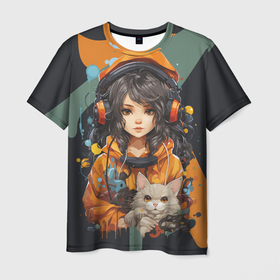 Мужская футболка 3D с принтом Красивая девочка аниме с котенком в Курске, 100% полиэфир | прямой крой, круглый вырез горловины, длина до линии бедер | 