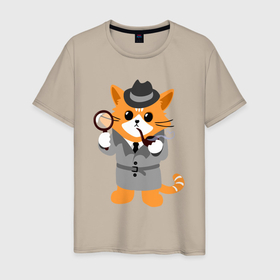 Мужская футболка хлопок с принтом Кот детектив , 100% хлопок | прямой крой, круглый вырез горловины, длина до линии бедер, слегка спущенное плечо. | 