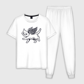 Мужская пижама хлопок с принтом Angel cat в Курске, 100% хлопок | брюки и футболка прямого кроя, без карманов, на брюках мягкая резинка на поясе и по низу штанин
 | Тематика изображения на принте: 