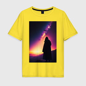 Мужская футболка хлопок Oversize с принтом Млечный путь и путник в Петрозаводске, 100% хлопок | свободный крой, круглый ворот, “спинка” длиннее передней части | 