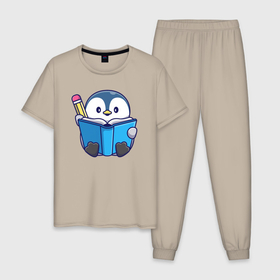 Мужская пижама хлопок с принтом Пингвин ученик в Белгороде, 100% хлопок | брюки и футболка прямого кроя, без карманов, на брюках мягкая резинка на поясе и по низу штанин
 | 