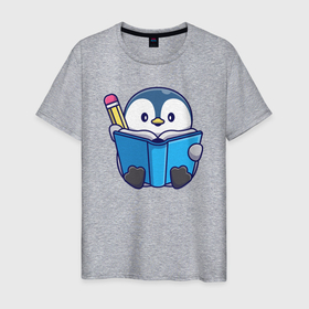 Мужская футболка хлопок с принтом Пингвин ученик в Белгороде, 100% хлопок | прямой крой, круглый вырез горловины, длина до линии бедер, слегка спущенное плечо. | 