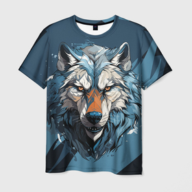 Мужская футболка 3D с принтом Красивый грозный волк в Курске, 100% полиэфир | прямой крой, круглый вырез горловины, длина до линии бедер | 