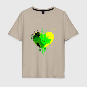 Мужская футболка хлопок Oversize с принтом Сердце зеленое и желтое из капель и брызг , 100% хлопок | свободный крой, круглый ворот, “спинка” длиннее передней части | 