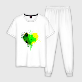 Мужская пижама хлопок с принтом Сердце зеленое и желтое из капель и брызг в Санкт-Петербурге, 100% хлопок | брюки и футболка прямого кроя, без карманов, на брюках мягкая резинка на поясе и по низу штанин
 | 