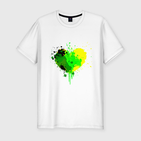 Мужская футболка хлопок Slim с принтом Сердце зеленое и желтое из капель и брызг в Екатеринбурге, 92% хлопок, 8% лайкра | приталенный силуэт, круглый вырез ворота, длина до линии бедра, короткий рукав | 