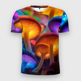 Мужская футболка 3D Slim с принтом Неоновые светящиеся грибы в Тюмени, 100% полиэстер с улучшенными характеристиками | приталенный силуэт, круглая горловина, широкие плечи, сужается к линии бедра | 