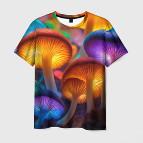 Мужская футболка 3D с принтом Неоновые светящиеся грибы в Новосибирске, 100% полиэфир | прямой крой, круглый вырез горловины, длина до линии бедер | Тематика изображения на принте: 