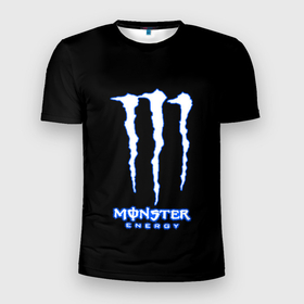 Мужская футболка 3D Slim с принтом Monster energy голубой в Новосибирске, 100% полиэстер с улучшенными характеристиками | приталенный силуэт, круглая горловина, широкие плечи, сужается к линии бедра | 