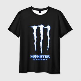 Мужская футболка 3D с принтом Monster energy голубой , 100% полиэфир | прямой крой, круглый вырез горловины, длина до линии бедер | 