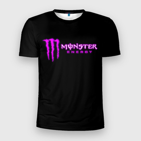 Мужская футболка 3D Slim с принтом Monster energy фиолетовый логотип в Белгороде, 100% полиэстер с улучшенными характеристиками | приталенный силуэт, круглая горловина, широкие плечи, сужается к линии бедра | 