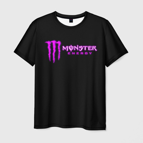 Мужская футболка 3D с принтом Monster energy фиолетовый логотип в Кировске, 100% полиэфир | прямой крой, круглый вырез горловины, длина до линии бедер | 
