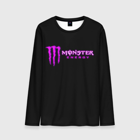 Мужской лонгслив 3D с принтом Monster energy фиолетовый логотип в Тюмени, 100% полиэстер | длинные рукава, круглый вырез горловины, полуприлегающий силуэт | Тематика изображения на принте: 