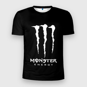 Мужская футболка 3D Slim с принтом Monster energy белое лого в Белгороде, 100% полиэстер с улучшенными характеристиками | приталенный силуэт, круглая горловина, широкие плечи, сужается к линии бедра | 