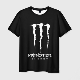 Мужская футболка 3D с принтом Monster energy белое лого в Петрозаводске, 100% полиэфир | прямой крой, круглый вырез горловины, длина до линии бедер | 