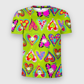 Мужская футболка 3D Slim с принтом Разноцветные сердца в мексиканском стиле в Екатеринбурге, 100% полиэстер с улучшенными характеристиками | приталенный силуэт, круглая горловина, широкие плечи, сужается к линии бедра | 