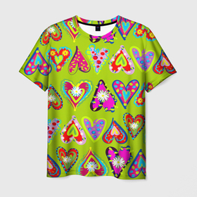 Мужская футболка 3D с принтом Разноцветные сердца в мексиканском стиле в Тюмени, 100% полиэфир | прямой крой, круглый вырез горловины, длина до линии бедер | 