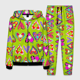 Мужской костюм 3D с принтом Разноцветные сердца в мексиканском стиле в Тюмени, 100% полиэстер | Манжеты и пояс оформлены тканевой резинкой, двухслойный капюшон со шнурком для регулировки, карманы спереди | Тематика изображения на принте: 
