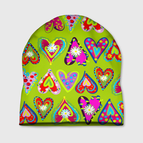 Шапка 3D с принтом Разноцветные сердца в мексиканском стиле в Санкт-Петербурге, 100% полиэстер | универсальный размер, печать по всей поверхности изделия | Тематика изображения на принте: 