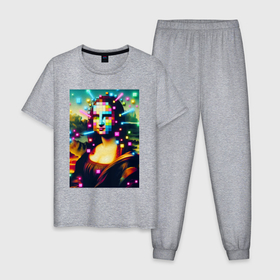 Мужская пижама хлопок с принтом Мона Лиза м неоновые кубики   стилизация в Белгороде, 100% хлопок | брюки и футболка прямого кроя, без карманов, на брюках мягкая резинка на поясе и по низу штанин
 | 