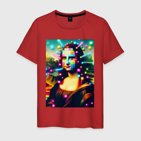 Мужская футболка хлопок с принтом Мона Лиза м неоновые кубики   стилизация в Екатеринбурге, 100% хлопок | прямой крой, круглый вырез горловины, длина до линии бедер, слегка спущенное плечо. | 