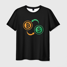 Мужская футболка 3D с принтом Криптовалюта биткоин и доллар в Рязани, 100% полиэфир | прямой крой, круглый вырез горловины, длина до линии бедер | 