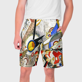 Мужские шорты 3D с принтом Кандинский картина   шумная акварель в Екатеринбурге,  полиэстер 100% | прямой крой, два кармана без застежек по бокам. Мягкая трикотажная резинка на поясе, внутри которой широкие завязки. Длина чуть выше колен | 