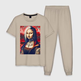 Мужская пижама хлопок с принтом Мона Лиза   панк в татухах в Белгороде, 100% хлопок | брюки и футболка прямого кроя, без карманов, на брюках мягкая резинка на поясе и по низу штанин
 | 