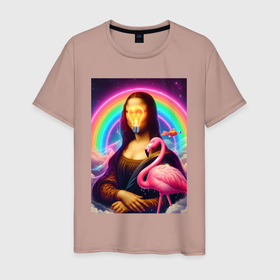 Мужская футболка хлопок с принтом Мона Лиза   лампочка и розовый фламинго в Санкт-Петербурге, 100% хлопок | прямой крой, круглый вырез горловины, длина до линии бедер, слегка спущенное плечо. | Тематика изображения на принте: 
