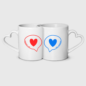 Кружки парные с принтом Влюблённые сердца синее и красное в Белгороде, белая керамика | круглая кружка — 220 мл, кружка с выемкой — 200 мл | 