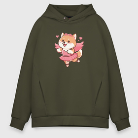 Мужское худи Oversize хлопок с принтом Сиба ину в розовом платье и с крыльями в городе Новоалтайск, френч-терри — 70% хлопок, 30% полиэстер. Мягкий теплый начес внутри —100% хлопок | боковые карманы, эластичные манжеты и нижняя кромка, капюшон на магнитной кнопке | 