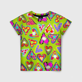 Детская футболка 3D с принтом Сердца в мексиканском стиле в Курске, 100% гипоаллергенный полиэфир | прямой крой, круглый вырез горловины, длина до линии бедер, чуть спущенное плечо, ткань немного тянется | 