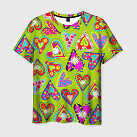 Мужская футболка 3D с принтом Сердца в мексиканском стиле в Санкт-Петербурге, 100% полиэфир | прямой крой, круглый вырез горловины, длина до линии бедер | Тематика изображения на принте: 