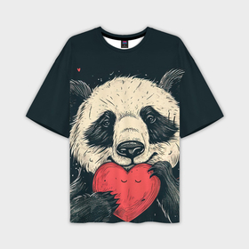 Мужская футболка oversize 3D с принтом Влюбленная панда обнимает сердечко ,  |  | 