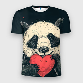 Мужская футболка 3D Slim с принтом Влюбленная панда обнимает сердечко , 100% полиэстер с улучшенными характеристиками | приталенный силуэт, круглая горловина, широкие плечи, сужается к линии бедра | 
