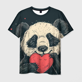 Мужская футболка 3D с принтом Влюбленная панда обнимает сердечко , 100% полиэфир | прямой крой, круглый вырез горловины, длина до линии бедер | 