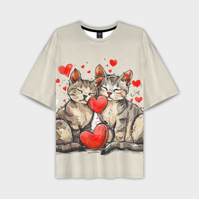 Мужская футболка oversize 3D с принтом Влюбленные кошечки с сердечками ,  |  | 