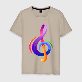 Мужская футболка хлопок с принтом Скрипичный ключ в цвете в Санкт-Петербурге, 100% хлопок | прямой крой, круглый вырез горловины, длина до линии бедер, слегка спущенное плечо. | 
