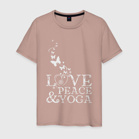 Мужская футболка хлопок с принтом Любовь мир йога в Екатеринбурге, 100% хлопок | прямой крой, круглый вырез горловины, длина до линии бедер, слегка спущенное плечо. | 