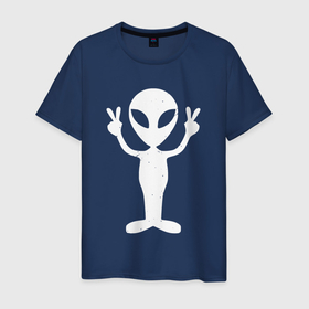 Мужская футболка хлопок с принтом Peace alien в Курске, 100% хлопок | прямой крой, круглый вырез горловины, длина до линии бедер, слегка спущенное плечо. | 
