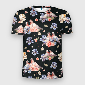 Мужская футболка 3D Slim с принтом Голуби с розами и ирисами black в Новосибирске, 100% полиэстер с улучшенными характеристиками | приталенный силуэт, круглая горловина, широкие плечи, сужается к линии бедра | Тематика изображения на принте: 