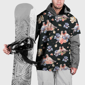 Накидка на куртку 3D с принтом Голуби с розами и ирисами black в Новосибирске, 100% полиэстер |  | Тематика изображения на принте: 