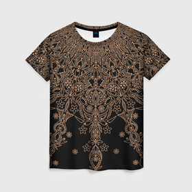 Женская футболка 3D с принтом Мандала узоры чёрно коричневый в Санкт-Петербурге, 100% полиэфир ( синтетическое хлопкоподобное полотно) | прямой крой, круглый вырез горловины, длина до линии бедер | Тематика изображения на принте: 