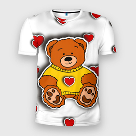 Мужская футболка 3D Slim с принтом Стикер наклейка медвежонок и сердце объемный рисунок , 100% полиэстер с улучшенными характеристиками | приталенный силуэт, круглая горловина, широкие плечи, сужается к линии бедра | 