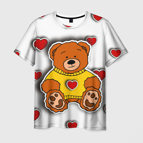 Мужская футболка 3D с принтом Стикер наклейка медвежонок и сердце объемный рисунок , 100% полиэфир | прямой крой, круглый вырез горловины, длина до линии бедер | 