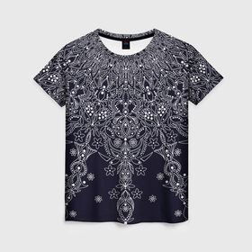Женская футболка 3D с принтом Тёмно синий узоры мандала в Санкт-Петербурге, 100% полиэфир ( синтетическое хлопкоподобное полотно) | прямой крой, круглый вырез горловины, длина до линии бедер | Тематика изображения на принте: 